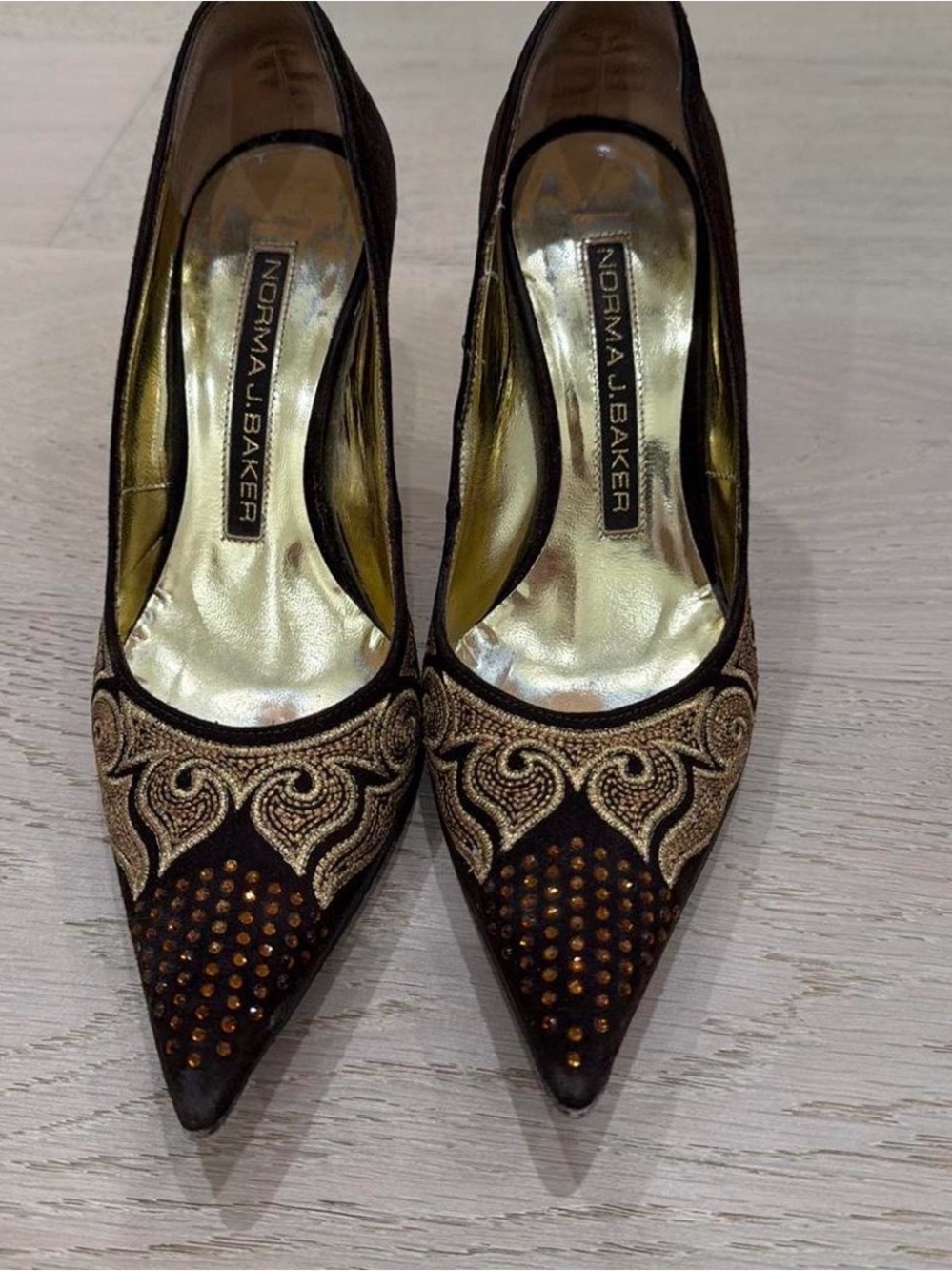 Women's Embellished Brown & Gold Pointed Toe Heels